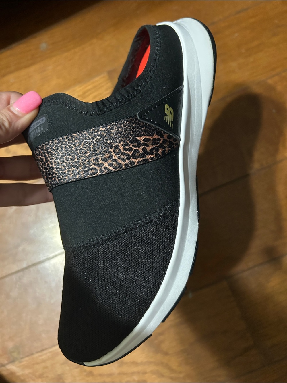 New Balance Women's Black Slip-On Sneaker with Leopard Strap